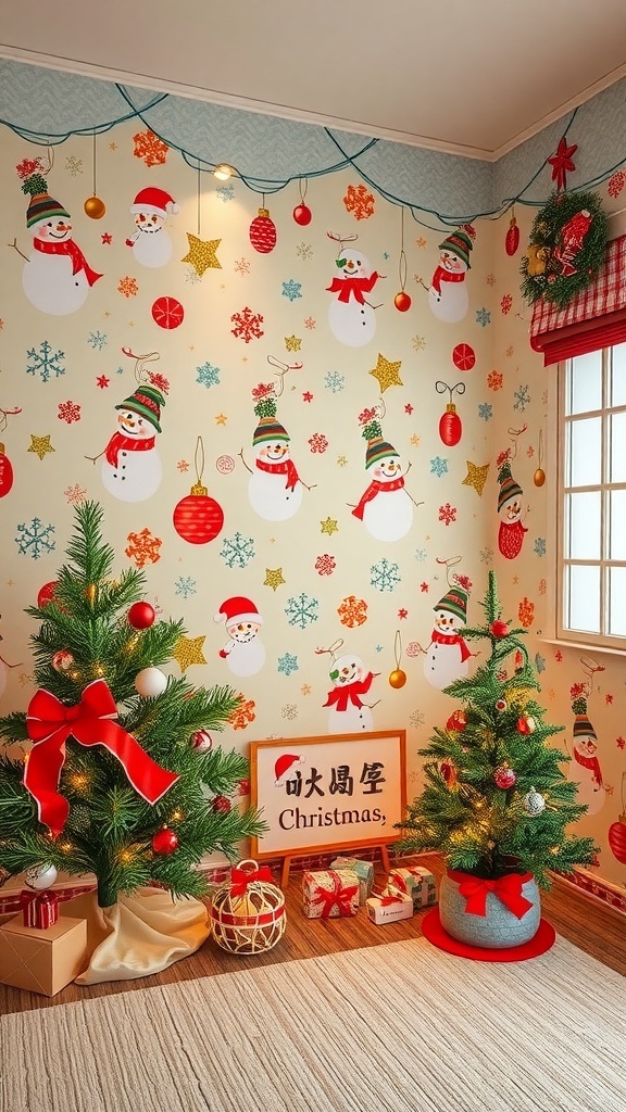 A cozy room with cute Japanese Christmas wallpaper showcasing snowmen and ornaments, decorated for the holidays.